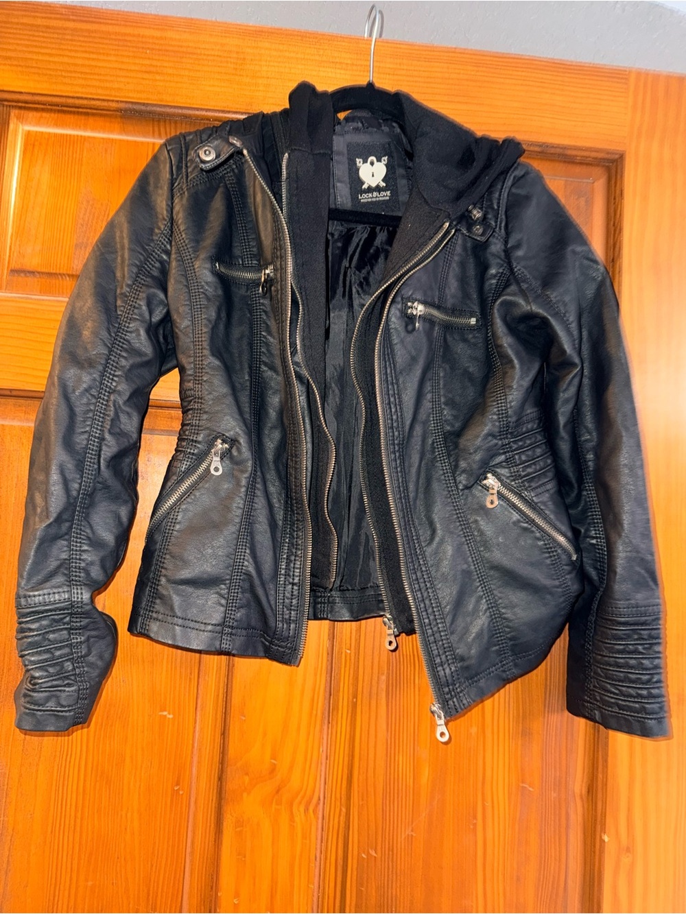 Black Hooded Faux Leather Moto Jacket with Zipper Detail